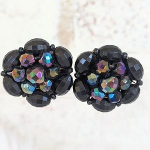 Vtg West Germany Black Irredescent Bead Clip Earrings